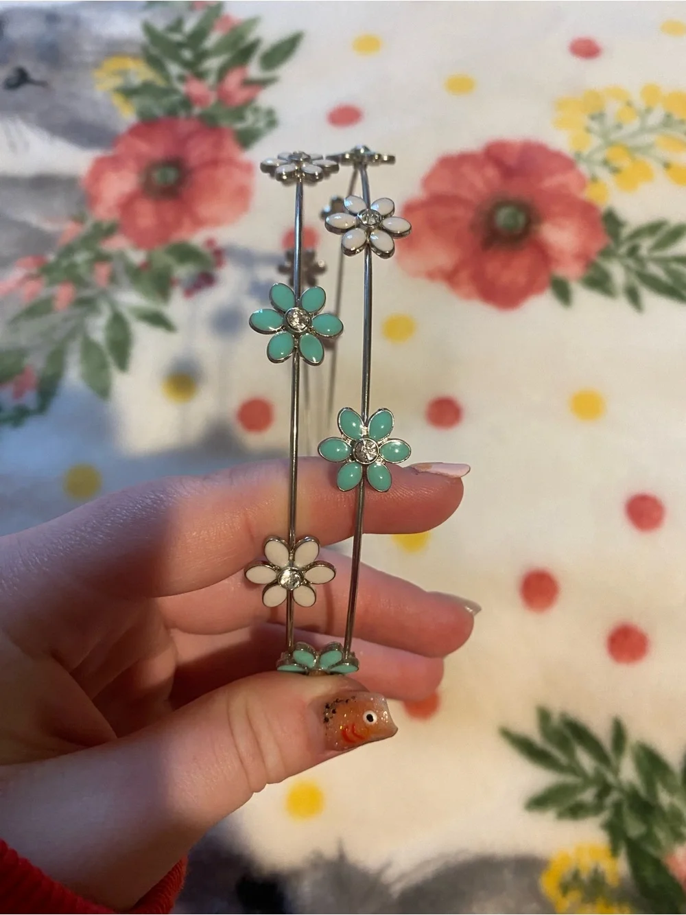 Delicate Floral Drop Earrings - Mint & White